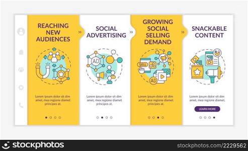 SMM marketing trends yellow onboarding template. Network advertise. Responsive mobile website with linear concept icons. Web page walkthrough 4 step screens. Lato-Bold, Regular fonts used. SMM marketing trends yellow onboarding template