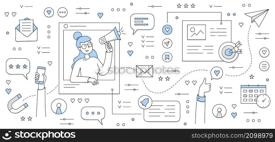 SMM, social media marketing concept with woman with megaphone and symbols of Internet advertising. Vector doodle illustration with icons of message, magnet, calendar, target, graphs and email. SMM, social media marketing concept