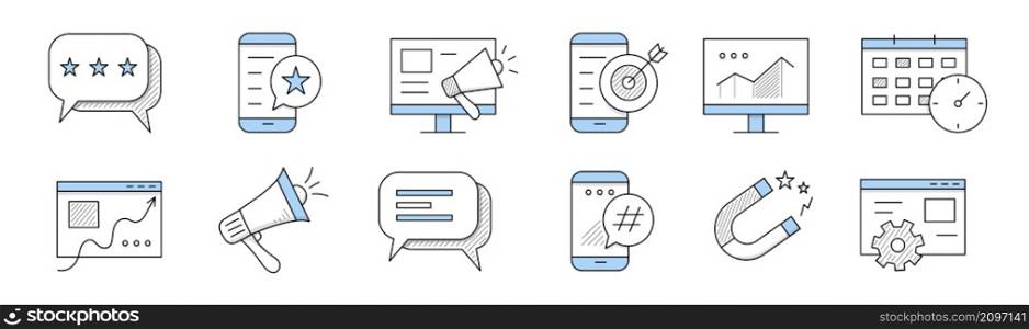 SMM, social media marketing icons. Symbols of Internet advertising, digital business strategy. Vector doodle set with megaphone, message, magnet, calendar, target, graphs. SMM, social media marketing icons