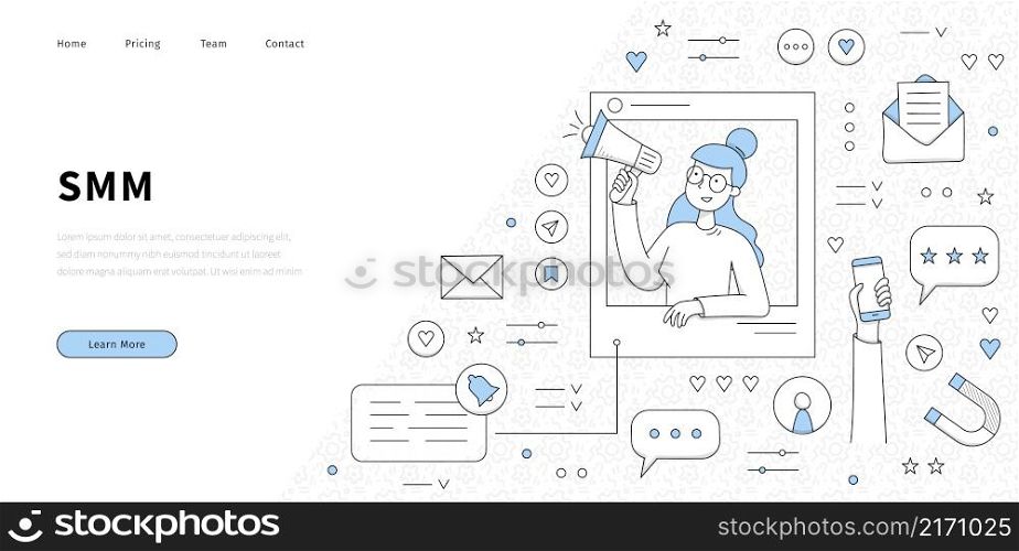 SMM social, media, marketing line art landing page. Doodle businesswoman with loudspeaker and media icons around. Business concept with influencer attracting followers in internet, Vector web banner. SMM social, media, marketing line art landing page