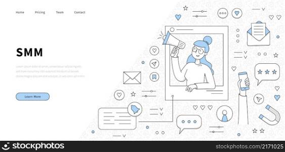 SMM social, media, marketing line art landing page. Doodle businesswoman with loudspeaker and media icons around. Business concept with influencer attracting followers in internet, Vector web banner. SMM social, media, marketing line art landing page