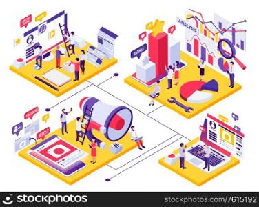 SMM social media marketing promotion concept 4 isometric compositions customers attraction rating maintain sales analysis vector illustration