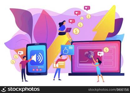 SMM, social media network influencer marketing. High ROI content, top media content production, measure your content investment concept. Bright vibrant violet vector isolated illustration. High ROI content concept vector illustration
