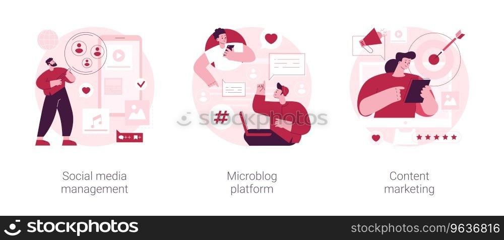 SMM strategy abstract concept vector illustration set. Social media management, microblog platform, online content marketing, user engagement and interaction, sharing post abstract metaphor.. SMM strategy abstract concept vector illustrations.