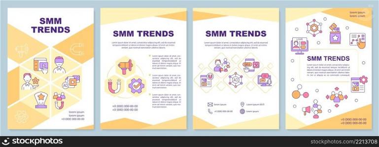 SMM trends yellow brochure template. Digital marketing. Leaflet design with linear icons. 4 vector layouts for presentation, annual reports. Arial-Black, Myriad Pro-Regular fonts used. SMM trends yellow brochure template