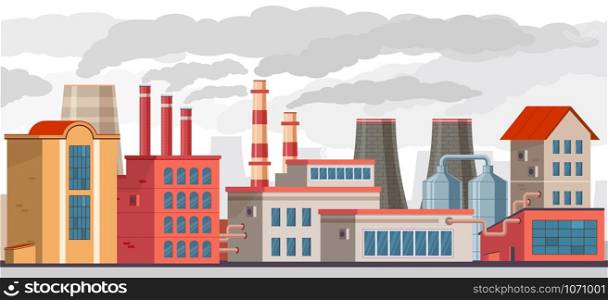 Smog pollution. Industrial factory with pipes pollutes environment with toxic smoke. Smog and chemical waste in ecology vector dirty urban atmosphere concept. Smog pollution. Industrial factory with pipes pollutes environment with toxic smoke. Smog and chemical waste in ecology vector concept