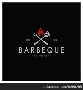 Smoke and BBQ Barbecue Vintage hot grill, with crossed flames and spatula. Logo for restaurant, badge, cafe and bar.vector