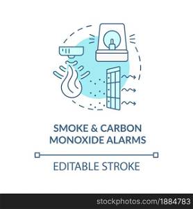 Smoke and carbon monoxide alarms blue concept icon. Combination alarm abstract idea thin line illustration. Fire and gas sensor detection. Vector isolated outline color drawing. Editable stroke. Smoke and carbon monoxide alarms blue concept icon