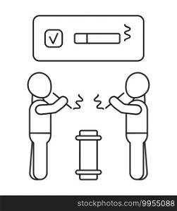 Smoke area icon vector in outline style. Screen with cigarette and ok mark. Two men smoking in permitted office or airport zone.. Smoke area icon vector in outline style. Screen with cigarette and ok mark. Two men smoking in permitted office or airport