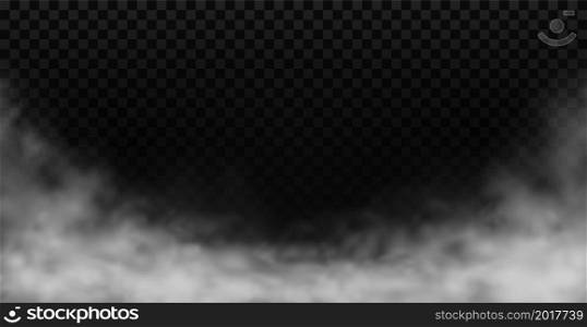 Smoke background. Realistic white fog swirling lower border, matter of transparent clouds, swirling soft mist effect texture, fog effect magic mist backdrop vector effect isolated on black background. Smoke background. Realistic white fog swirling lower border, matter of transparent clouds, swirling soft mist effect texture, fog effect magic mist backdrop vector isolated effect