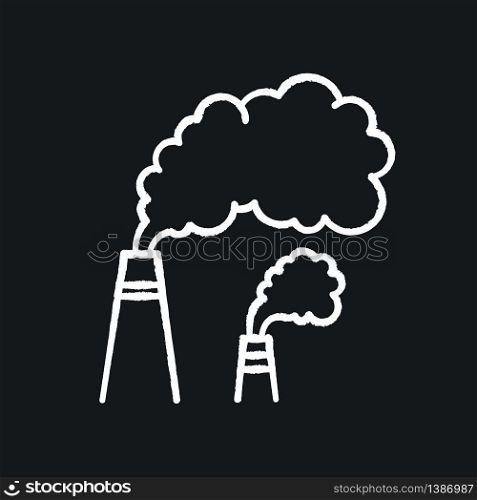 Smoke chalk white icon on black background. Urban smog, industrial air pollution, environment contamination. Bad city weather. Chimneys emitting toxic fumes isolated vector chalkboard illustration. Smoke chalk white icon on black background