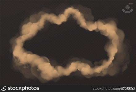 Smoke circle, round wavy smog cloud frame, brown heavy dust steam with motes, sand and soil particles isolated on transparent background. Cigarette vapor realistic 3d vector illustration, clip art. Smoke circle, round smog cloud, cigarette vapor