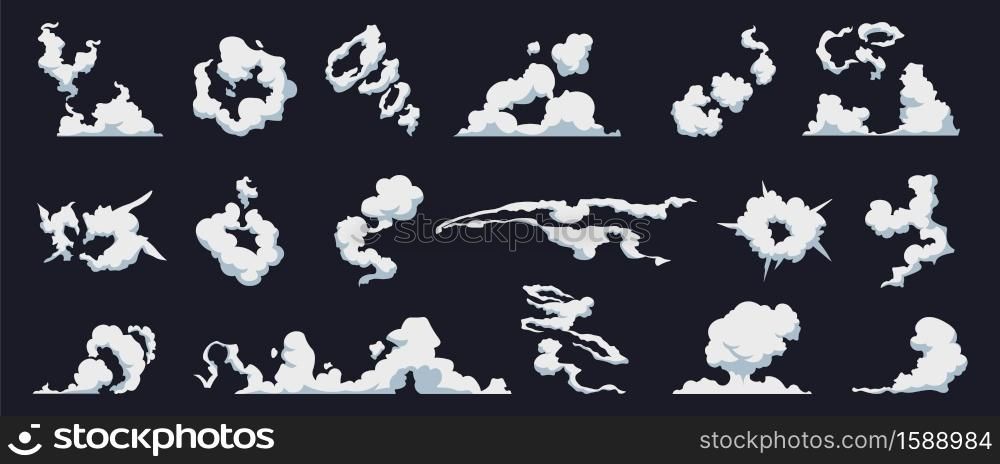 Smoke cloud. Cartoon fog puff. Steam motion bomb blast, dust explosion. Collection of cloudscape templates, evaporated water in sky. Weather forecast symbol mockup. Vector vapor trail isolated set. Smoke cloud. Cartoon fog puff. Collection of cloudscape templates. Steam motion bomb blast. Weather forecast symbol mockup, evaporated water in sky. Vector vapor trail isolated set