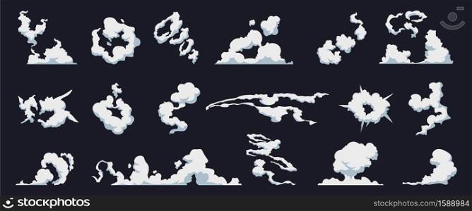 Smoke cloud. Cartoon fog puff. Steam motion bomb blast, dust explosion. Collection of cloudscape templates, evaporated water in sky. Weather forecast symbol mockup. Vector vapor trail isolated set. Smoke cloud. Cartoon fog puff. Collection of cloudscape templates. Steam motion bomb blast. Weather forecast symbol mockup, evaporated water in sky. Vector vapor trail isolated set