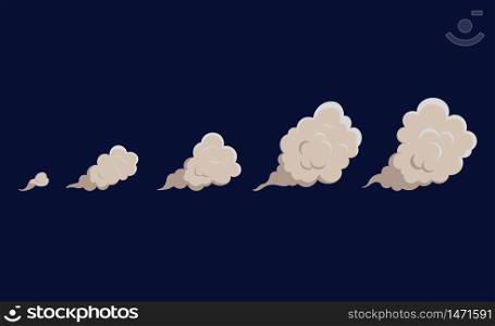 Smoke cloud explosion for animation. Cartoon cloud of fire, dust puff from speed motion, blast of bomb.Set shape of cloud in flat comic style. Toxic gas bubble. Design isolated vector illustration. Smoke cloud explosion for animation. Cartoon cloud of fire, dust puff from speed motion, blast of bomb.Set shape of cloud in flat comic style. Toxic gas bubble. Isolated vector illustration