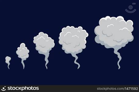 Smoke cloud explosion for animation. Cartoon cloud of fire, dust puff from speed motion, blast of bomb.Set shape of cloud in flat comic style. Toxic gas bubble. Design isolated vector illustration. Smoke cloud explosion for animation. Cartoon cloud of fire, dust puff from speed motion, blast of bomb.Set shape of cloud in flat comic style. Toxic gas bubble. Isolated vector illustration