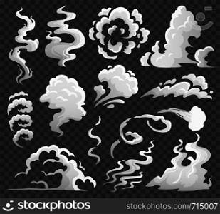 Smoke clouds. Comic steam cloud, fume eddy and vapor flow. Dust clouds or cigarette steaming smoke steam. Cloudy smog explosion isolated cartoon vector illustration icons set. Smoke clouds. Comic steam cloud, fume eddy and vapor flow. Dust clouds isolated cartoon vector illustration