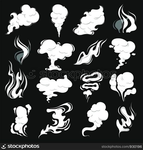 Smoke clouds. Steam puff cigarette or food smell vector abstract illustrations of fume in cartoon style. Cloud vapor, smell cigarette, smoky aroma. Smoke clouds. Steam puff cigarette or food smell vector abstract illustrations of fume in cartoon style