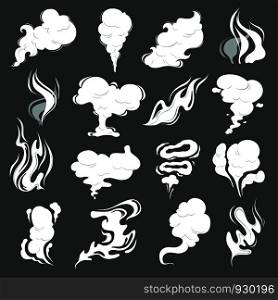 Smoke clouds. Steam puff cigarette or food smell vector abstract illustrations of fume in cartoon style. Cloud vapor, smell cigarette, smoky aroma. Smoke clouds. Steam puff cigarette or food smell vector abstract illustrations of fume in cartoon style