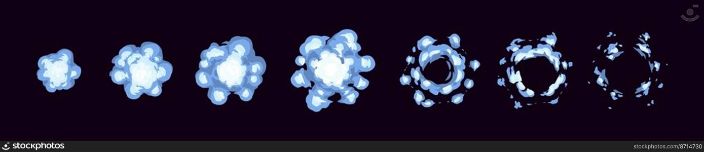 Smoke explode animation sprite sheet. Cartoon clouds, steam vfx explosion animated shot, sequence frame. Puff effect movement storyboard motion, flash boom isolated elements, Vector illustration set.. Smoke explode animation sprite sheet, vfx steam