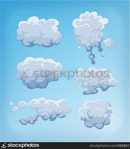 Smoke, Fog And Clouds Set On Blue Sky. Illustration of a set of cartoon clouds, smoke patterns and fog icons on blue sky background