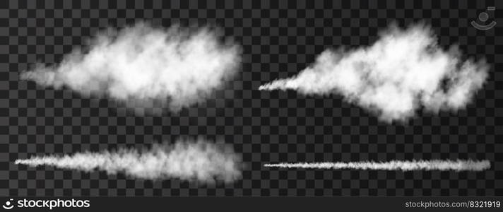 Smoke from military rocket launch. Plane track or missile trail  isolated on transparent background.  Realistic war vector texture.