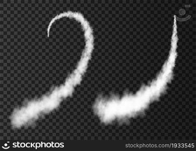 Smoke from space rocket launch. Foggy plane trail isolated on transparent background. Fog. Realistic vector texture.