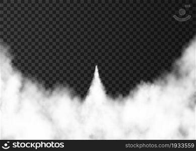 Smoke from space rocket launch. Foggy trail isolated on transparent background. Fog. Realistic vector texture.