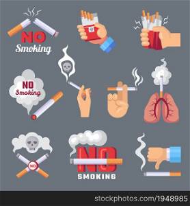 Smoke icon. Lungs and cigarette inhalation smoke problem and dangerous vector flat concept pictures. Ban smoke cigarette, smoking addiction tobacco. Smoke icon. Lungs and cigarette inhalation smoke problem and dangerous vector flat concept pictures