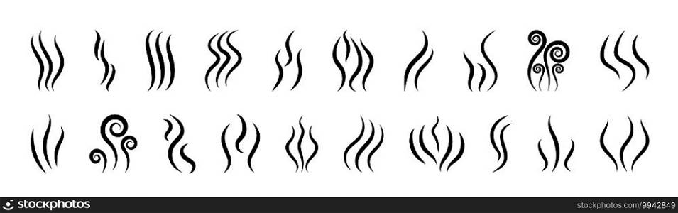 Smoke icons. Logo of steam, smell and aroma from grill and cooking. Vapor symbol from heat in line style. Odor from perfume. Graphic shapes of gas, flame, fume and water. Design illustration. Vector.. Smoke icons. Logo of steam, smell and aroma from grill and cooking. Vapor symbol from heat in line style. Odor from perfume. Graphic shapes of gas, flame, fume and water. Design illustration. Vector