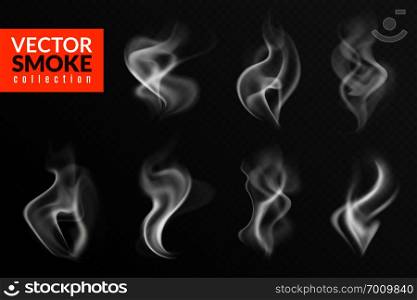 Smoke isolated. White smoking clouds hot food steam hookah tea coffee smoke steaming texture on black background vector set. Smoke isolated. White smoking clouds hot food steam hookah tea coffee smoke steaming texture on black background