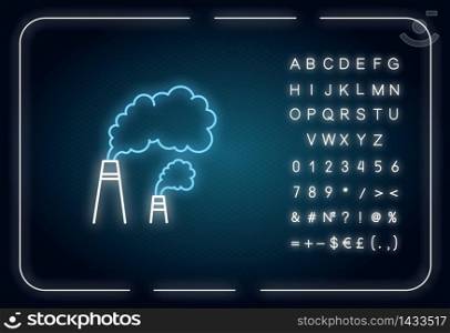Smoke neon light icon. Outer glowing effect. Urban smog, industrial air pollution sign with alphabet, numbers and symbols. Chimneys emitting toxic fumes vector isolated RGB color illustration. Smoke neon light icon