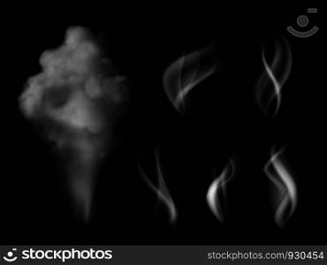 Smoke realistic. Hot steam vape on kitchen smells vector 3d collection isolated. Smell smoke, hot steam, shape of cloud vapor illustration. Smoke realistic. Hot steam vape on kitchen smells vector 3d collection isolated