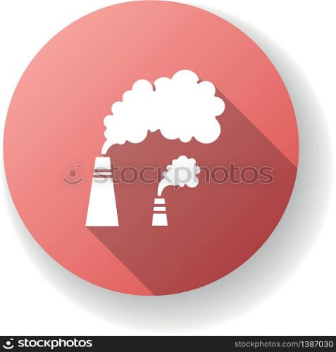 Smoke red flat design long shadow glyph icon. Urban smog, industrial air pollution, environment contamination. Bad city weather. Chimneys emitting toxic fumes silhouette RGB color illustration. Smoke red flat design long shadow glyph icon