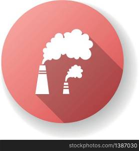 Smoke red flat design long shadow glyph icon. Urban smog, industrial air pollution, environment contamination. Bad city weather. Chimneys emitting toxic fumes silhouette RGB color illustration. Smoke red flat design long shadow glyph icon