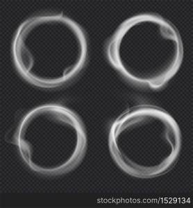 Smoke rings. Abstract realistic vape round symbol. Steam frame after cigarette, pipe or hookah smoking. Puffing, realistic fog flowing in round border isolated on transparent background. Smoke rings. Abstract realistic vape round symbol. Steam frame after cigarette, pipe or hookah smoking