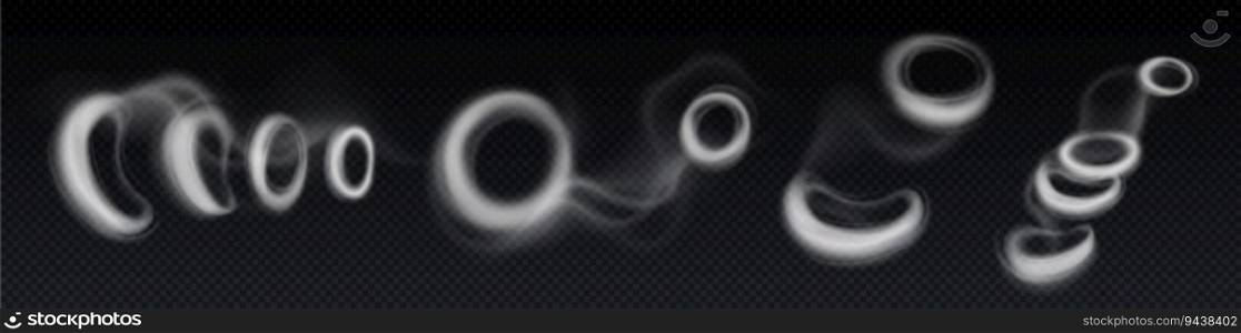 Smoke rings, circle clouds of steam or smog. Round shaped fog, smoke of hookah, cigarette or pipe, vapor of vape flying in air, vector realistic illustration isolated on transparent background. Smoke rings, circle clouds of steam or smog