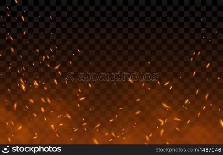 Smoke, sparks and fire particles, flying up embers and burning cinder. Vector realistic heat effect of flame in bonfire, from blacksmith works or hell isolated on transparent background. Smoke, flying up sparks and fire particles