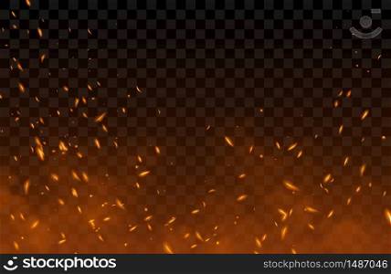 Smoke, sparks and fire particles, flying up embers and burning cinder. Vector realistic heat effect of flame in bonfire, from blacksmith works or hell isolated on transparent background. Smoke, flying up sparks and fire particles