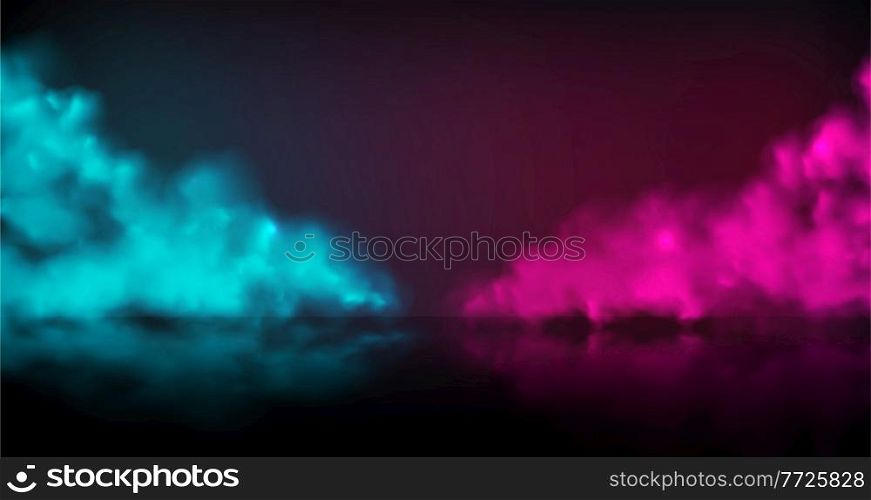Smoke stage vector background. Abstract blue and red fog with shadow. Scene composition. Stage smoke, paint powder for design website. Smoke stage vector background. Abstract blue and red fog with shadow.