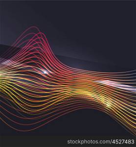 Smoke wave on dark background. Smoke colorful vector wave on dark background with glowing and effects