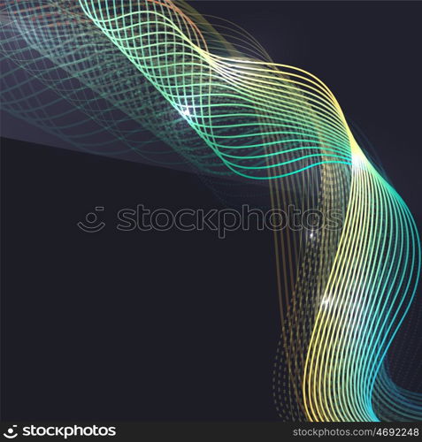 Smoke wave on dark background. Smoke colorful vector wave on dark background with glowing and effects