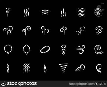 Smoke, wind simple icons on black backdrop. Vector smoke wave line, mist and steam flow illustration. Smoke, wind simple icons on black backdrop