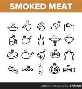 Smoked Meat Barbecue Collection Icons Set Vector Thin Line. Grilled Sausage And Meat Ribs, Chicken Wings And Legs, Beef Kebab Bbq Concept Linear Pictograms. Monochrome Contour Illustrations. Smoked Meat Barbecue Collection Icons Set Vector
