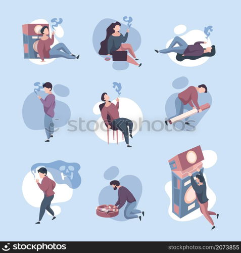 Smokers characters. Addicted persons with unhealthy organs toxicity drugs adults smoking garish vector illustrations. Character unhealthy addiction, smoke tobacco, addict narcotic. Smokers characters. Addicted persons with unhealthy organs toxicity drugs adults smoking garish vector illustrations