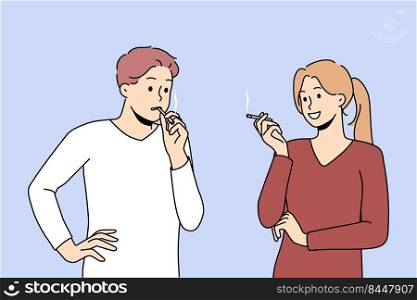 Smokers couple talking suffer from nicotine addiction. People with cigarettes smoking outside. Bad habit and healthcare. Vector illustration.. Couple with cigarettes smoking