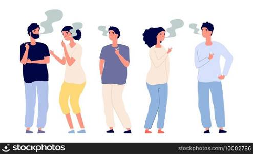 Smokers. People smoke cigarettes. Bad habits and drug addiction. Isolated vector adult characters. Unhealthy addiction, woman with cigarette llustration. Smokers. People smoke cigarettes. Bad habits and drug addiction. Isolated vector adult characters