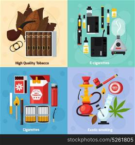 Smoking 2x2 Flat Design Concept. Smoking 2x2 design concept of exotic smoking usual and electronic cigarettes high quality tabasco flat compositions vector illustration