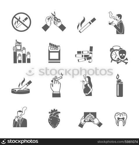Smoking addiction black icons set with cigarettes pack lighter and smokers isolated vector illustration. Smoking Icons Set