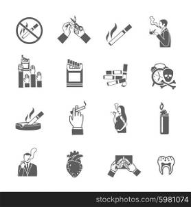 Smoking addiction black icons set with cigarettes pack lighter and smokers isolated vector illustration. Smoking Icons Set